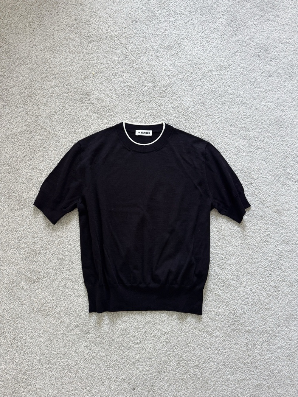 Jil Sander Black Crewneck Short-Sleeve Sweater with White Trim